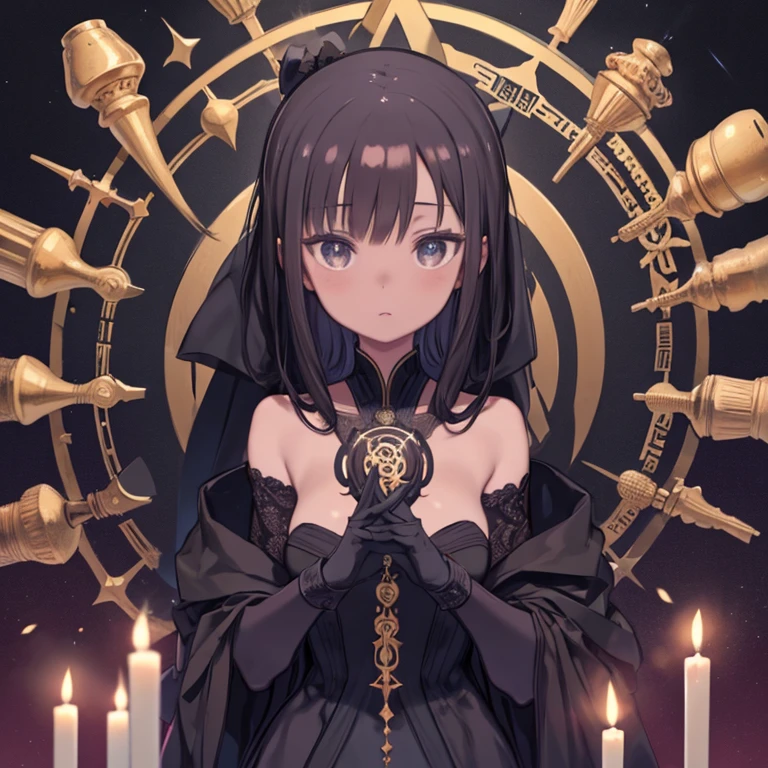 One Woman、magician、black magic、Suspicious rituals、magic circle、The flame of the candle、大きなmagic circleが書かれた床に座る、Black costume、Black Veil、Dark Room、Brown Skin、gypsy、