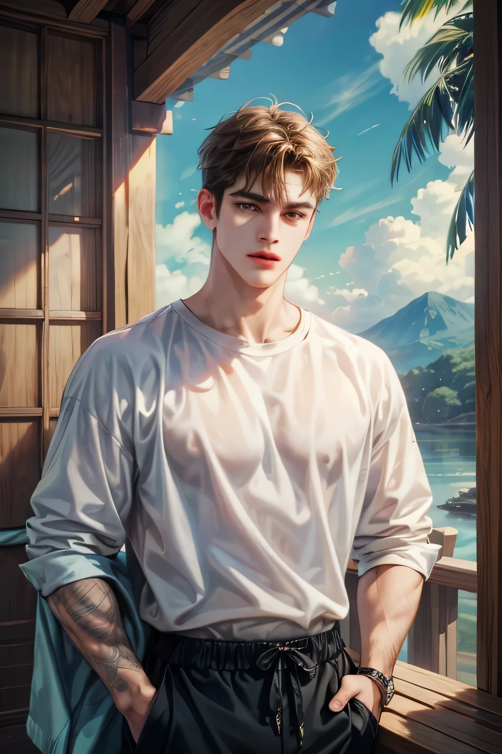 masterpiece, best quality, 1man, adult, male focus, solo, short hair, casual outfit, fashion show attire, extremely detailed resort background from the Philippines