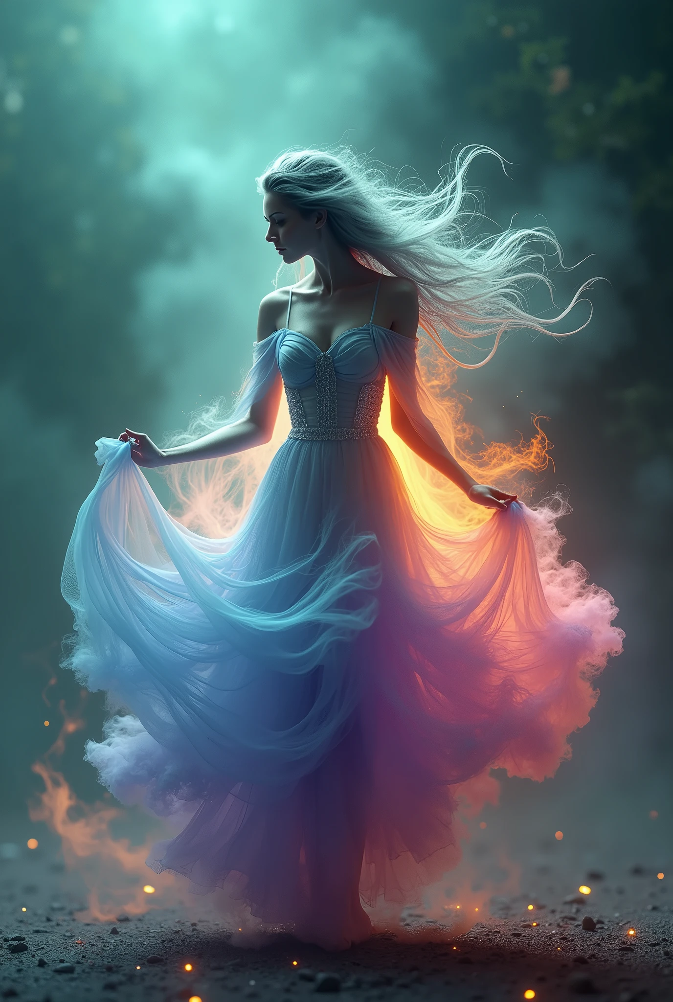 A mesmerizing 3D render by the skillful artist Mschiffe, showcasing a ghostly, smoke-like female figure dancing. The enigmatic woman appears in front full view, exuding a mystical aura as she weaves through a colorful explosion of hues. Her ethereal form is embellished with motion effects, invoking a sense of fluidity and movement. The background is a breathtaking fusion of vibrant muted green colors that harmoniously blend with the eerie, yet captivating atmosphere of the scene.