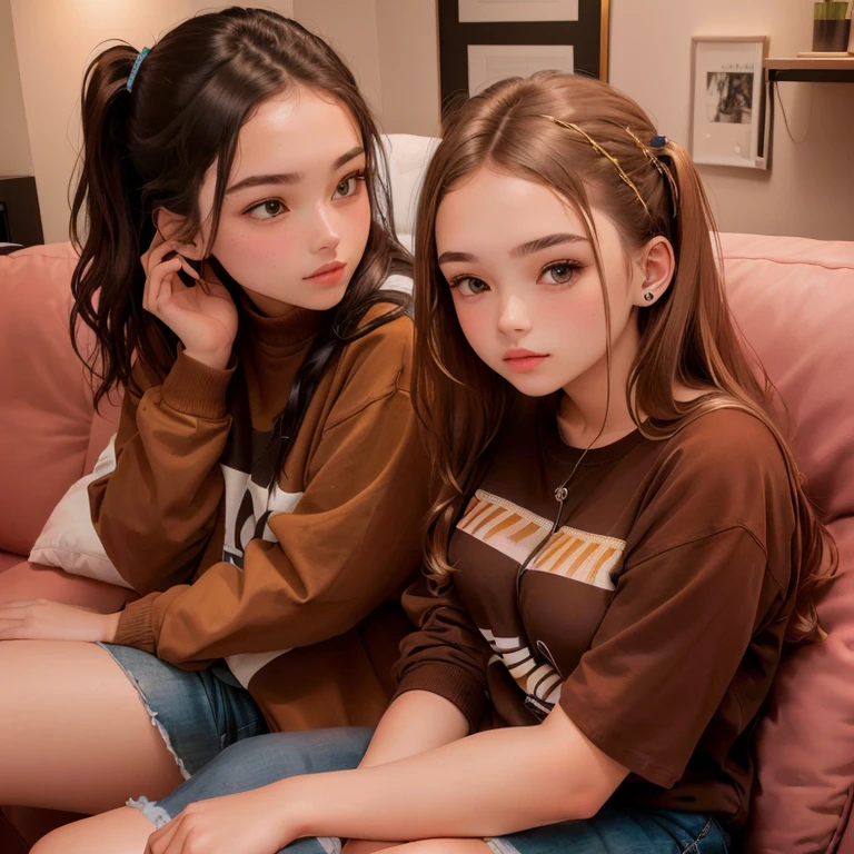 two girls are sitting on the couch with a remote, She is , photo of a young woman, 19 year old girl, about 1 9 years, brown shirt, photo of a girl, Full photo, She is 2 0 years old, She is 20 years old, sitting on a mocha-colored table