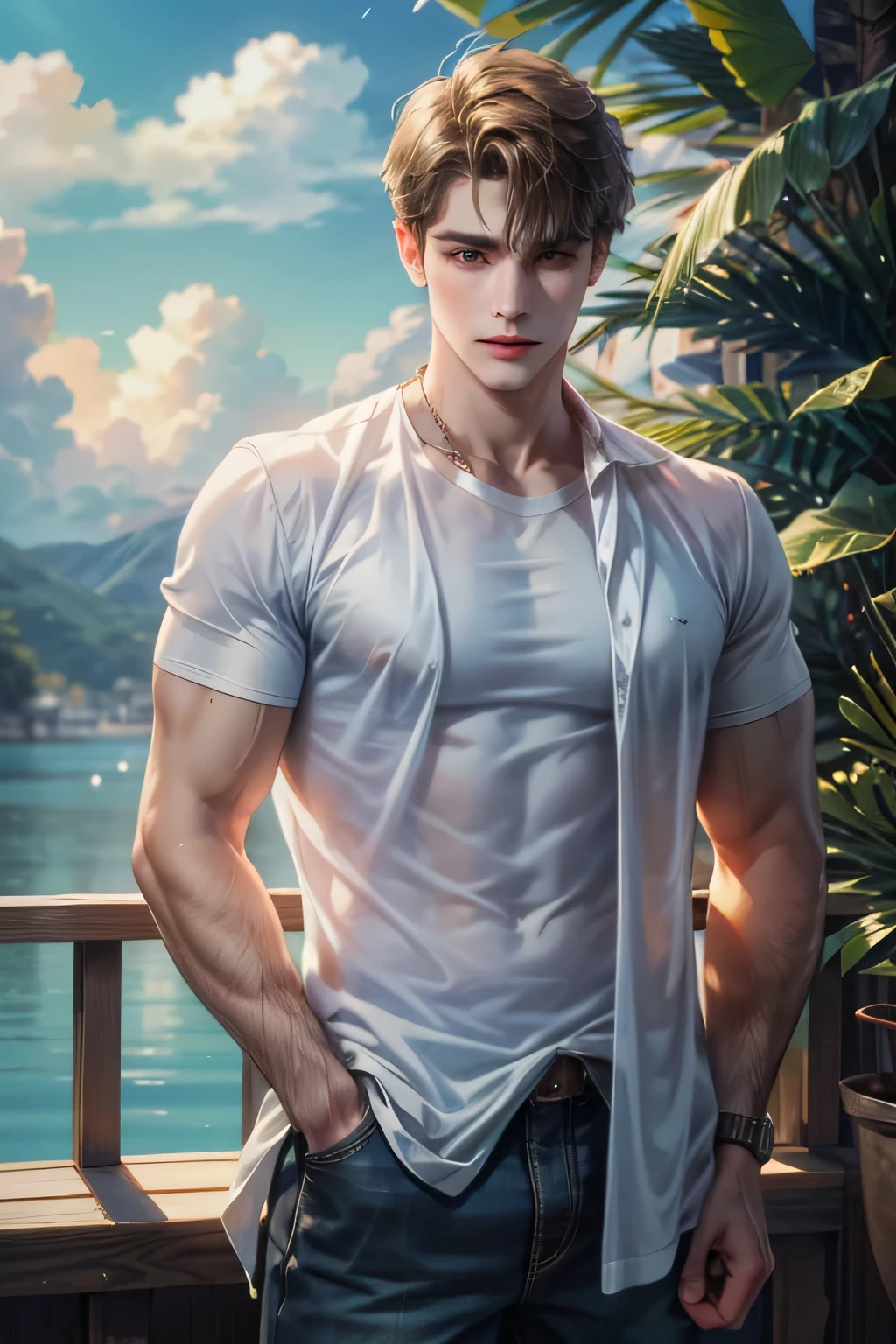 A handsome 20 years old man, muscular and slim, model , washed ashore unconcious, found lying down on the seashore unconcious, eyes are closed,red lips, suffering in pain, with bruises and wounds, sexy and toned body, wet ripped shirt, exposed perfect shaped penis, full body, naked lower body, no underwear, wearing white ripped and torn shirt, he is unconcious and lies down in pain, helpless, full body view