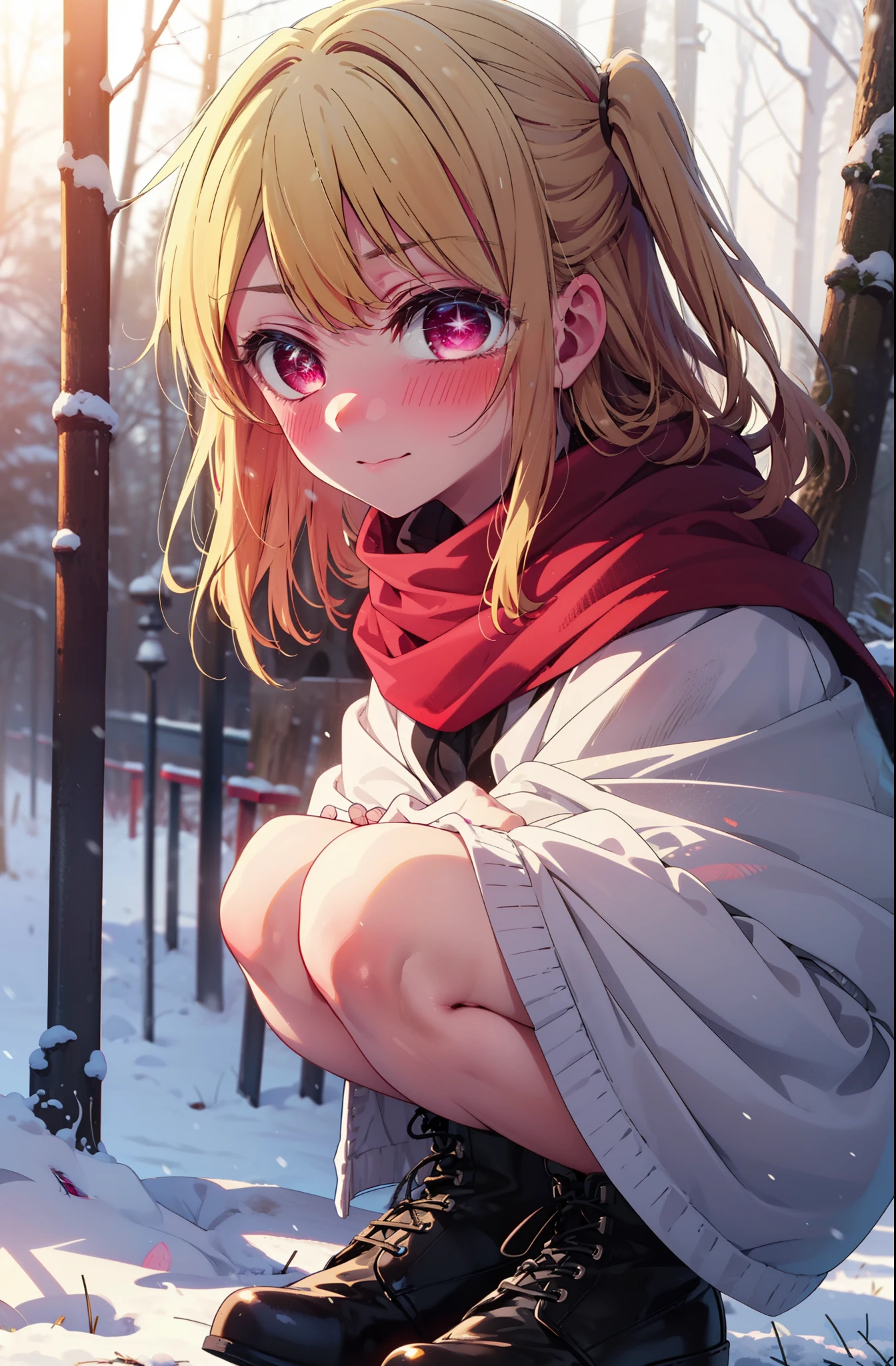 rubyhoshino, Hoshino Ruby, Long Hair, bangs, Blonde, (Pink Eyes:1.3), Side Lock, (Symbol-shaped pupil:1.5), Multicolored Hair, Two-tone hair, smile,,smile,blush,white breath,
Open your mouth,snow,Ground bonfire, Outdoor, boots, snowing, From the side, wood, suitcase, Cape, Blurred, , forest, White handbag, nature, Squat, Mouth closed, Cape, winter, Written boundary depth, Black shoes, red Cape break looking at viewer, Upper Body, whole body, break Outdoor, forest, nature, break (masterpiece:1.2), Highest quality, High resolution, unity 8k wallpaper, (shape:0.8), (Beautiful and beautiful eyes:1.6), Highly detailed face, Perfect lighting, Highly detailed CG, (Perfect hands, Perfect Anatomy),