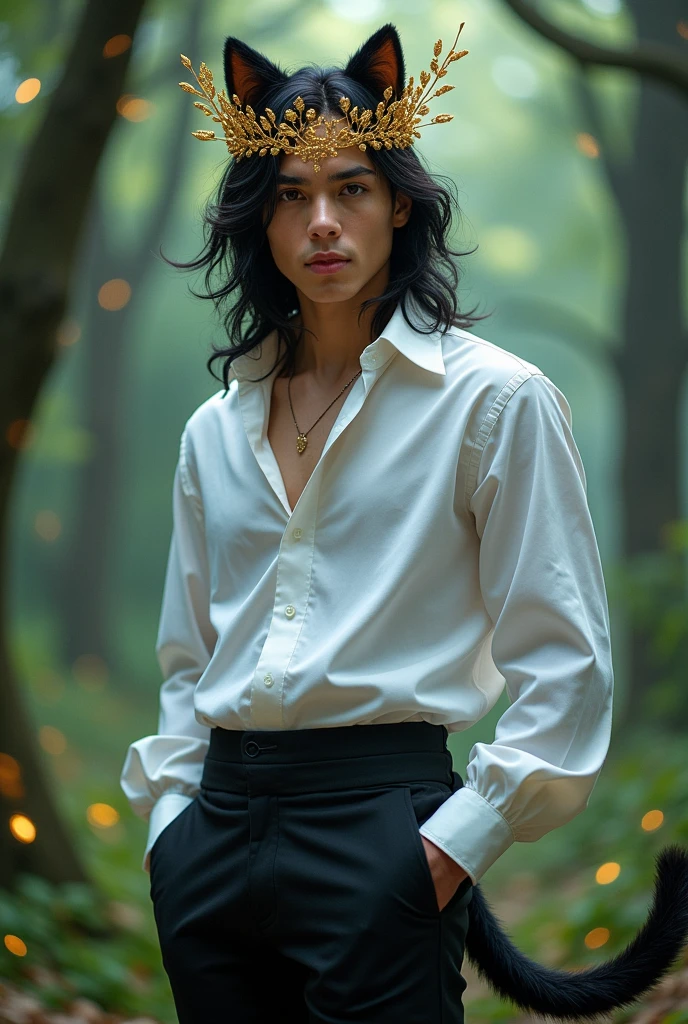 A 23-year-old man with hair as dark as night, obsidian eyes, a crown of gold leaves on his head, a white shirt and black pants, and a cat tail.