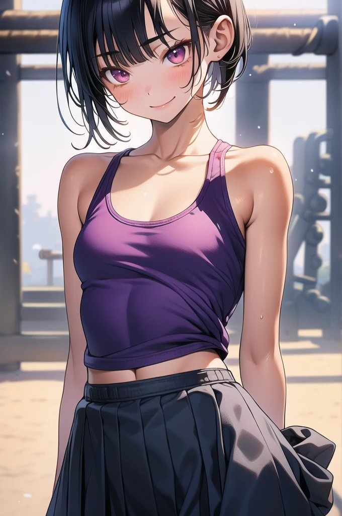 ((masterpiece,Highest quality:1.3,best quality illustration)),((realistic:1.2)),cowboy shot,solo,1woman,18 year old beauty、black hair,short bob hair,(center parted bangs),black eyes,(gorgeous big eyes),((very small head:1.4)),shy,smile,((slender body:1.2,skinny)),(tan skin:1.4),small breasts,(purple tank top、school gym red buruma),gleaming skin,oily skin,slender body,sweat,standing,playground、Schoolyard、School、Tokyo、