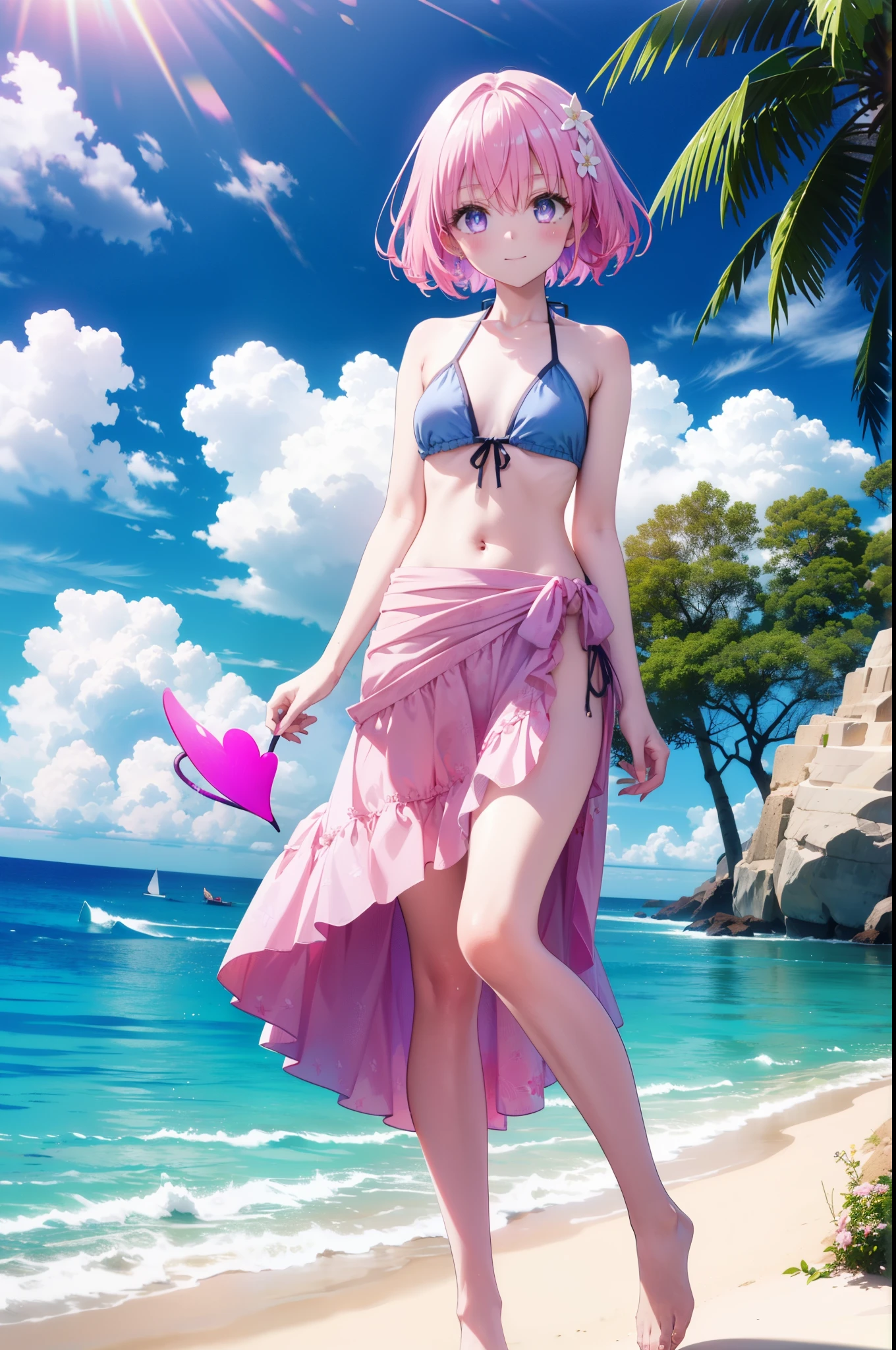 Momodebilke, Deviluke Type, demon tail, Hair Flower, hair ornaments, (Purple eyes:1.1), Pink Hair, short hair, tail, smile,
break demon tail, Pink leisure bikini,Pareo Swimsuit,barefoot,A thin long skirt is wrapped around her waist,Strolling on the sandy beach,True Summer,Daytime,Clear skies,whole bodyがイラストに入るように,
break outdoors,Beach,
break looking at viewer, whole body,
break (masterpiece:1.2), Highest quality, High resolution, unity 8k wallpaper, (figure:0.8), (beautiful detailed eyes:1.6), extremely detailed face, Perfect lighting, extremely detailed CG, (Perfect hands, Perfect Anatomy),