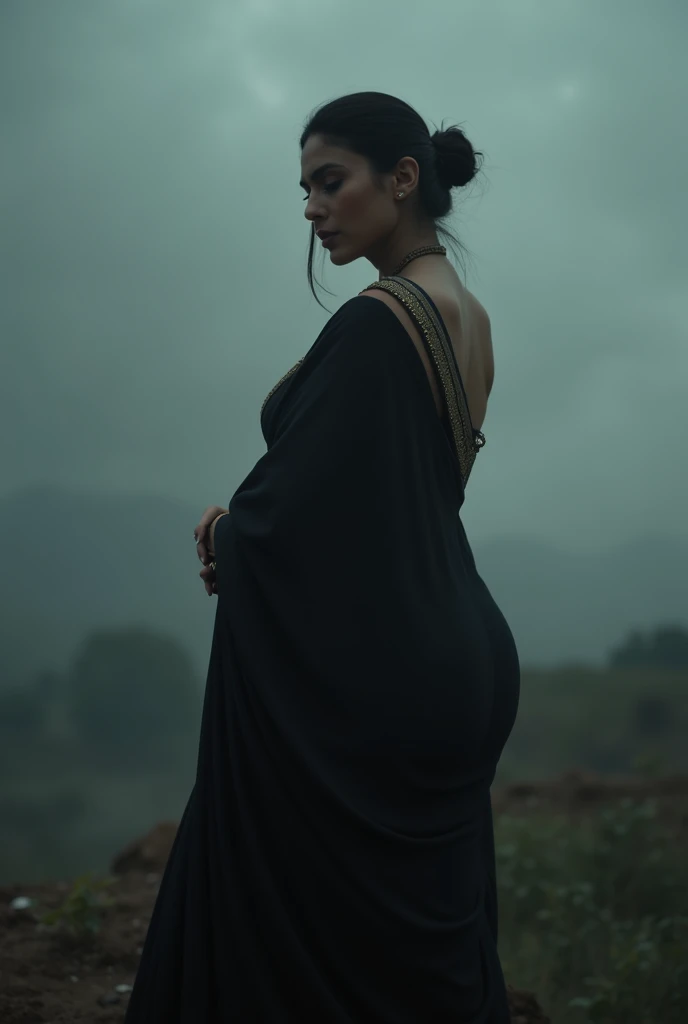 Kriti sanon in black saree,cloud, showing hips, noises, hot pose, no sunlight, no shining, realistic, raw photo, pinned hair, no lose hair, showing hips, poor quality picture
