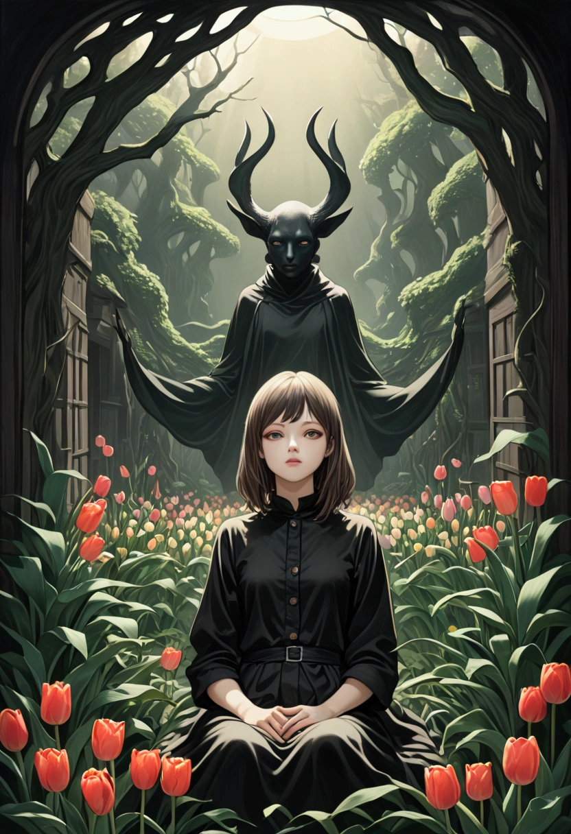 (high quality) (best quality) (a woman) (correct physiognomy) A girl with a calm expression, surrounded by green plants and tulip flowers. The scene takes place in a dark and melancholic atmosphere, reminiscent of Tim Burton's gothic aesthetic. The girl's eyes are wide open, showing her relaxation. The plants are leafy and elaborate, with intricate details on their leaves and sharp, tooth-like structures. The overall image quality is of the highest resolution and realistic, with an ultra-detailed representation. The color palette is dominated by vivid tones that enhance the atmosphere. The lighting is spectacular, casting long shadows and creating a sense of mystery. In the style of Esao Andrews, Jenny Saville, Edward Hopper, surrealism, James Jean's Dark Art, Takato Yamamoto, Inkpunk minimalism