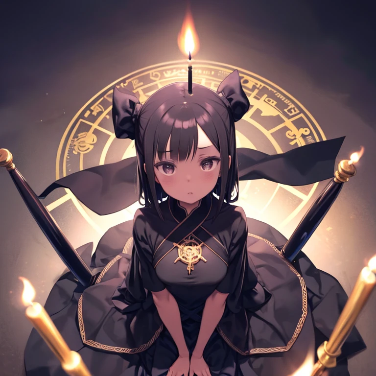 One Woman、magician、black magic、Suspicious rituals、magic circle、The flame of the candle、大きなmagic circleが書かれた床に座る、Black costume、Black Veil、Dark Room、Brown Skin、gypsy、Angle from above、