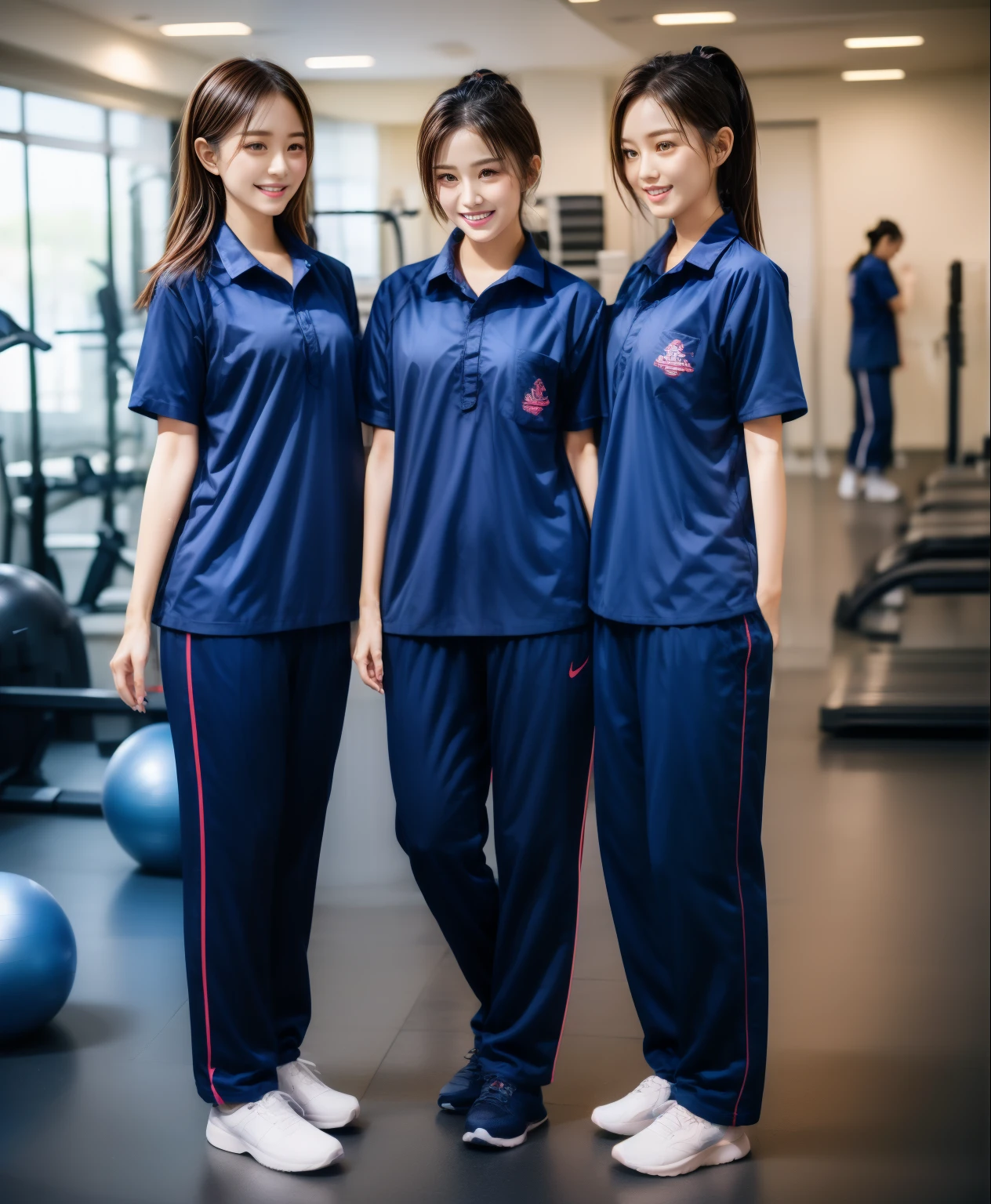 3 girls in fitness center, Navy blue short-sleeved shirt,Navy Long Trackpant,Sweatpants, Sweatpantsขายาว,25 year old girl, lesbian, sexy, exercise clothes, wet body, exercise clothes