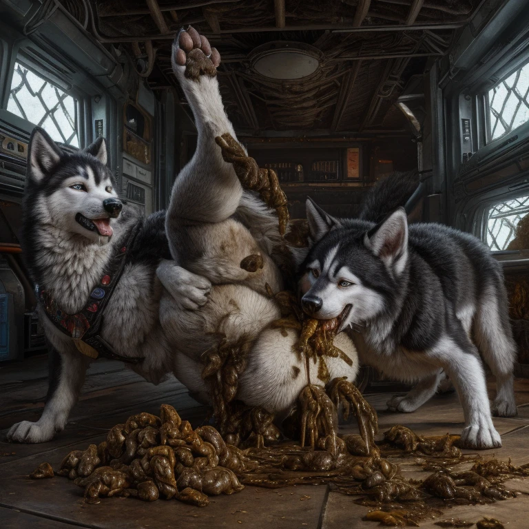 A hyper realistic, ultra detailed image of a husky, fat, (((((feral, husky rimming feces, paws))))), thick thighs, duo, shaded, intricate, realistic, detailed background, (saliva:0.8), panting, drooling, saliva, aroused, ass up, on a klingon star ship, freighter. ((((belly on back, standing raised leg up, excessive drooling, duo, hyper balls, feral, excessive anal scat, spreading legs, excessive hyper anal feces, husky anal feces rimming))))