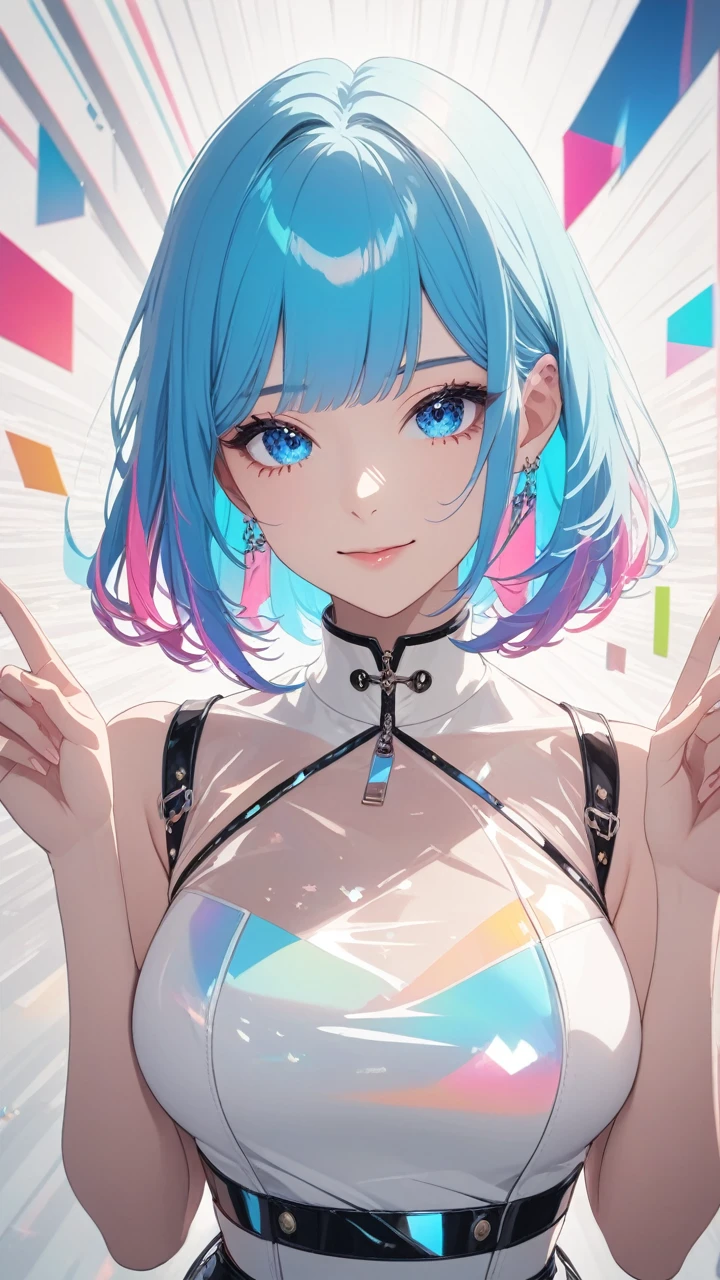 masterpiece, best quality, super wide angle, finger audience, 1girl, pink and blue hair, hand, cute anime face, tears, transparent color PVC clothing, transparent color vinyl clothing, whole body, glitchlump}onface, smile,medium hair, film grain, lens flare, colorful,chromati caberration, dynamicpov, closed mouth, Intense emotional expression:death, glitchart, ultra detailed, extremely delicate and beautiful, album cover, album, album description, Pixilation on face, Double exposure, Chromatic Aberration, Light leaks, Noise and grain, Color degradation, Glitch lettering, art, abstractart, geometry, clear lines, squares, bright, limited palette,{canonical composition}, neat diagonal striped background, {{blue with white striped background}},{limited palette}, flatvcolored,blue and white,