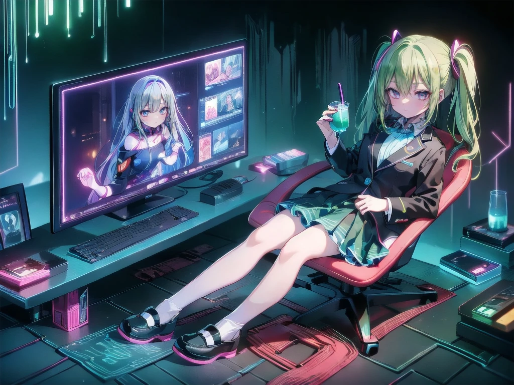 ((Highest quality)), ((masterpiece)), (detailed), Perfect Face, ((Highest quality, 8k, masterpiece: 1.3)), Sharp focus, Highly detailed face and skin texture, detailedな目, Uniform Blazer, Long tornado twin tails, High school girl using a desktop computer, Playing games on a computer, Frame Rate, Computer Monitor, Multiple Monitors,keyboard, Gaming Chair, Purple Hair, Cold glass drink, Dimly lit room, Late Night, Addicted to the game, Bloodshot eyes
