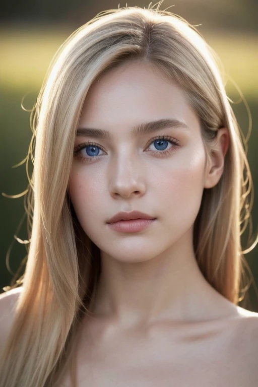 A close-up portrait that imtimatley captures the essence of a young, beautiful blond woman. Her clear blue eyes are the center of attention, reflecting detph and emotions. Soft feckles dot her nose and cheeks, while her lips, sligthtly parted, hint at a whispread secret or a gentle sigh. The sun-kissed hair frames her face in delicate tendrils and a soft backlight fives it an ethereal glow. The fine texture of her skin, the subtile gradient of her blush and the intricate patterns in her irises are all captured in a meticulous detail. The photograph has a soft, dreamly aura, evoina a sens of tranquility and introspection. The image is a celebration of a natural beauty.