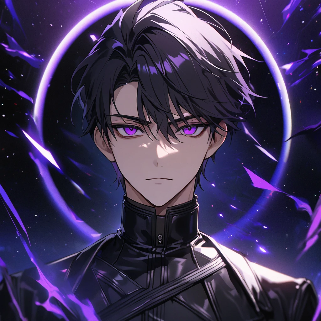 High quality, HD, 4k, no shadows, handsome male, handsome, extremly handsome, 1male, 1 male, teenager, pure black hair, short black hair, dark hair, black hair, jet black hair, sharp eyes, deep purple colored eyes, dark purple colored eyes, deep violet eyes, violet eyes, devil may cry, close up, calm expression, stoic expression, black leather clothes, black leather clothing, leather clothing, lean body, well trained body, upper body, looking at viewer, cowboy shot, white solar, space background