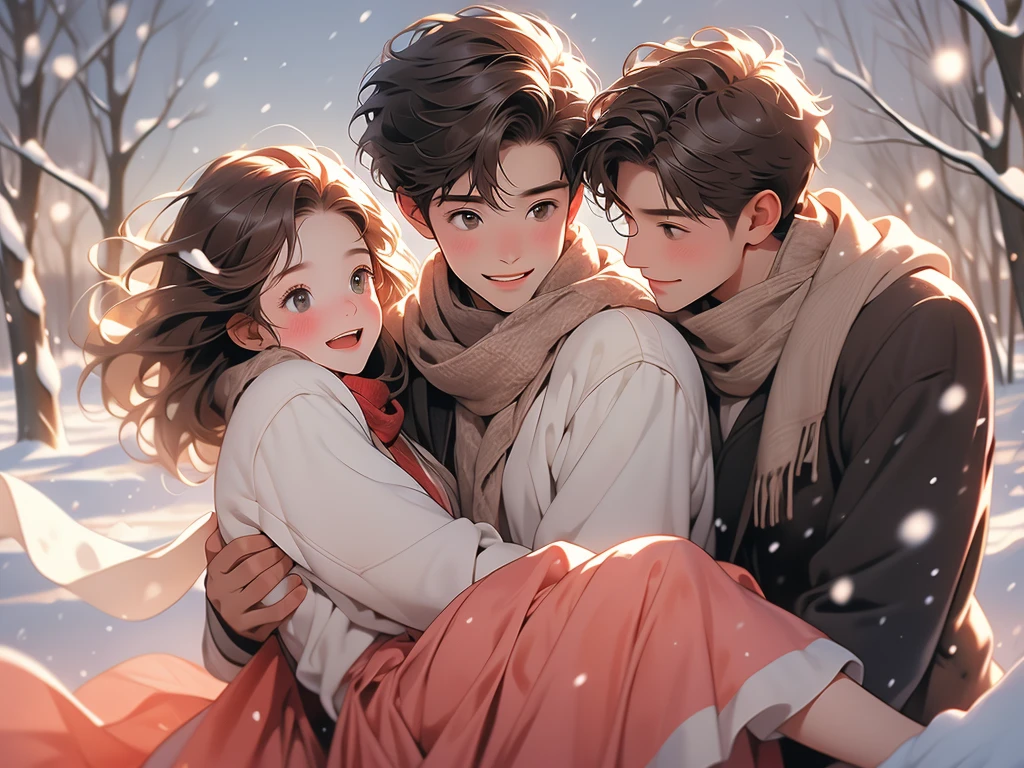 a cute couple with snow falling over them hugging each other in the twilight, 1girl, 1boy, carrying, looking at another, sweater, smile, blush, brown hair, open mouth, princess carry, short hair, scarf, skirt