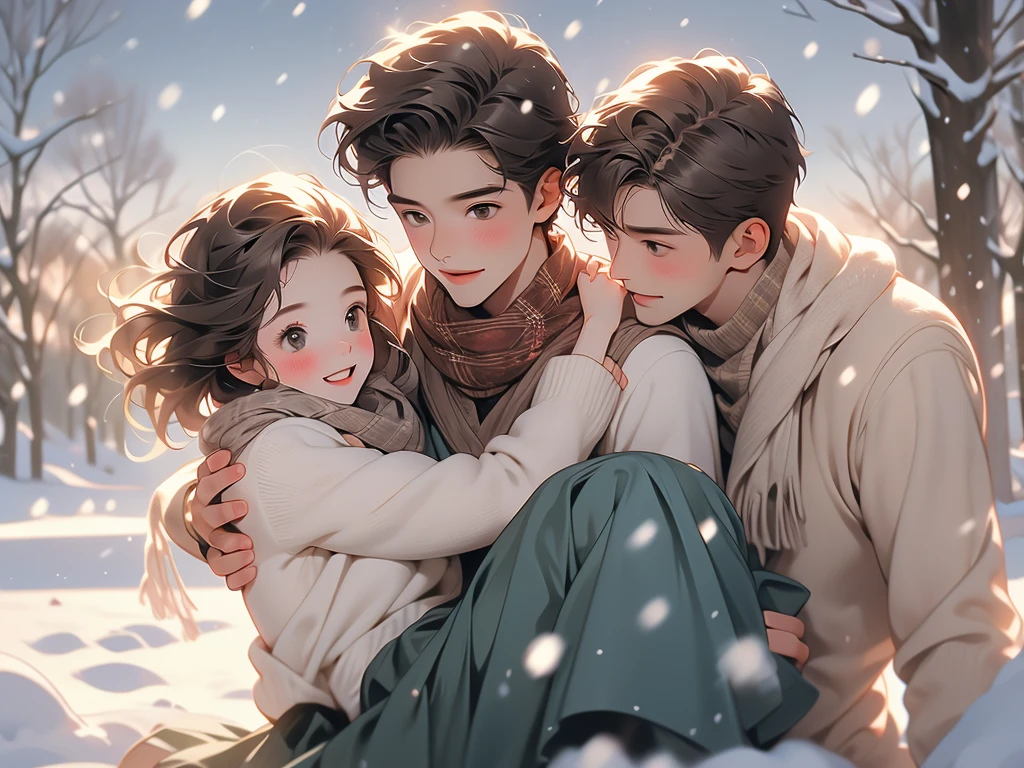 a cute couple with snow falling over them hugging each other in the twilight, 1girl, 1boy, carrying, looking at another, sweater, smile, blush, brown hair, open mouth, princess carry, short hair, scarf, skirt