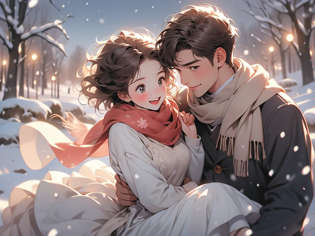 a cute couple with snow falling over them hugging each other in the twilight, 1girl, 1boy, carrying, looking at another, sweater, smile, blush, brown hair, open mouth, princess carry, short hair, scarf, skirt