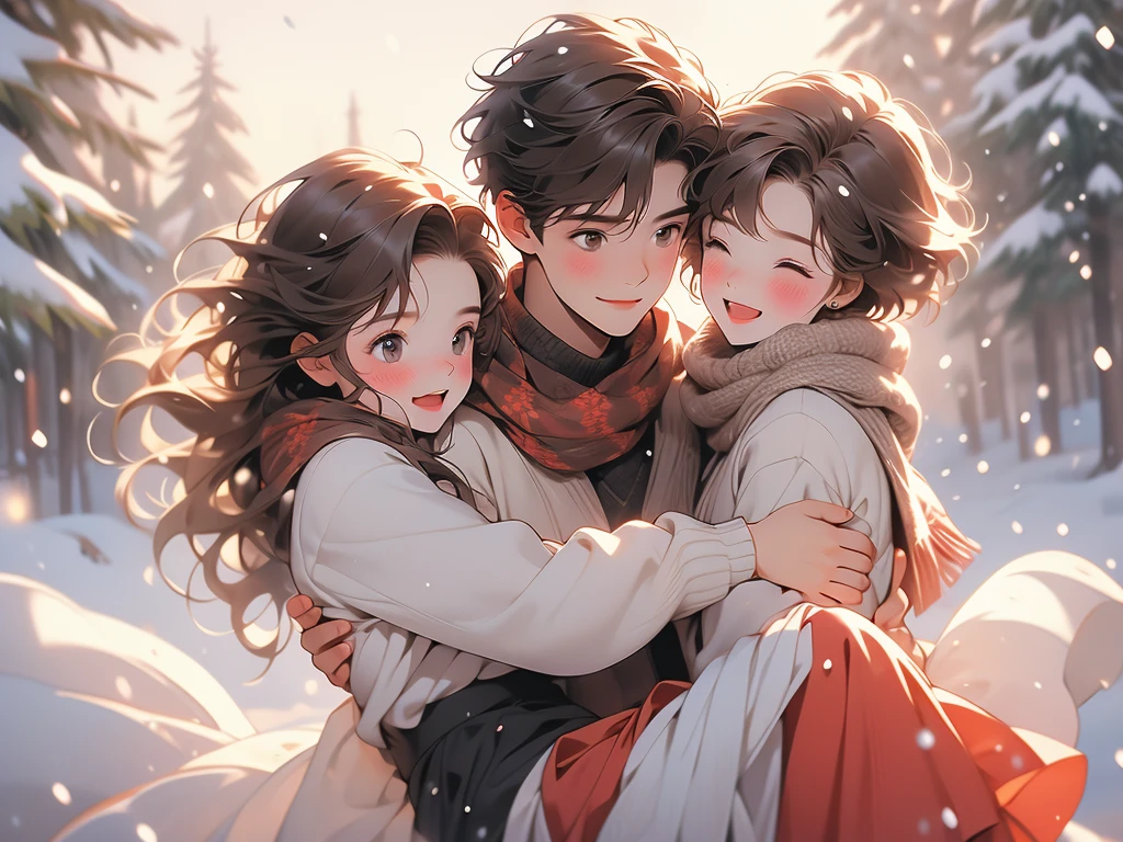 a cute couple with snow falling over them hugging each other in the twilight, 1girl, 1boy, carrying, looking at another, sweater, smile, blush, brown hair, open mouth, princess carry, short hair, scarf, skirt