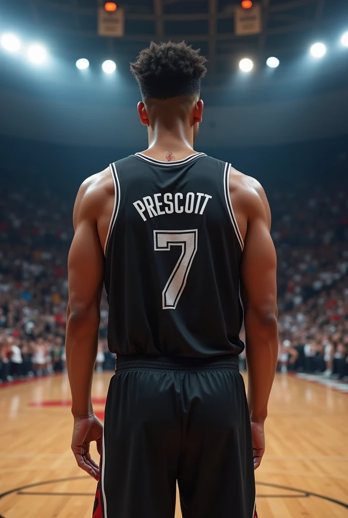 Create a character: basketball player, suntanned, Curly hair and shaved sides. Height between 1,80m is 1,95m, athletic body, with well defined muscles, playing court with black uniform with number 7 and survival Prescott 
