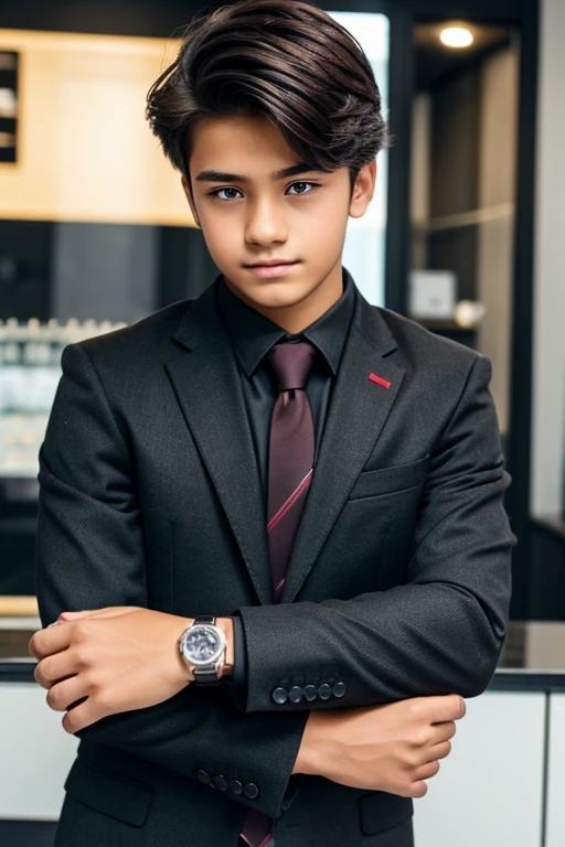 A15 years old business man boy wearing watch pose hair colour black
