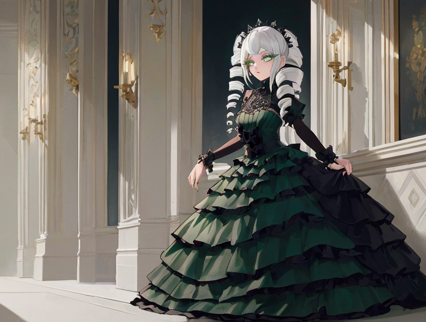 masterpiece, best quality, ultra detailed, (drill hair),  twin drills, white hair,  black hair, gradation hair,  emerald green eyes, a mole on the right eye, (eyelashes),  (beautiful detailed eyes),  full body, Gothic  dress, solo girl,