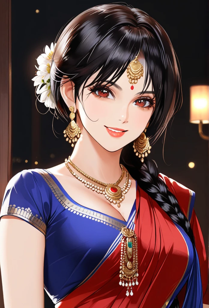 ((1woman, mature,single hair braid,saree, big long jhumka earrings , detailed alluring eyes, smooth detailed lips, beautiful face, smiling ,red lipstick ,navel,bangles,blue ribbon,big breasts