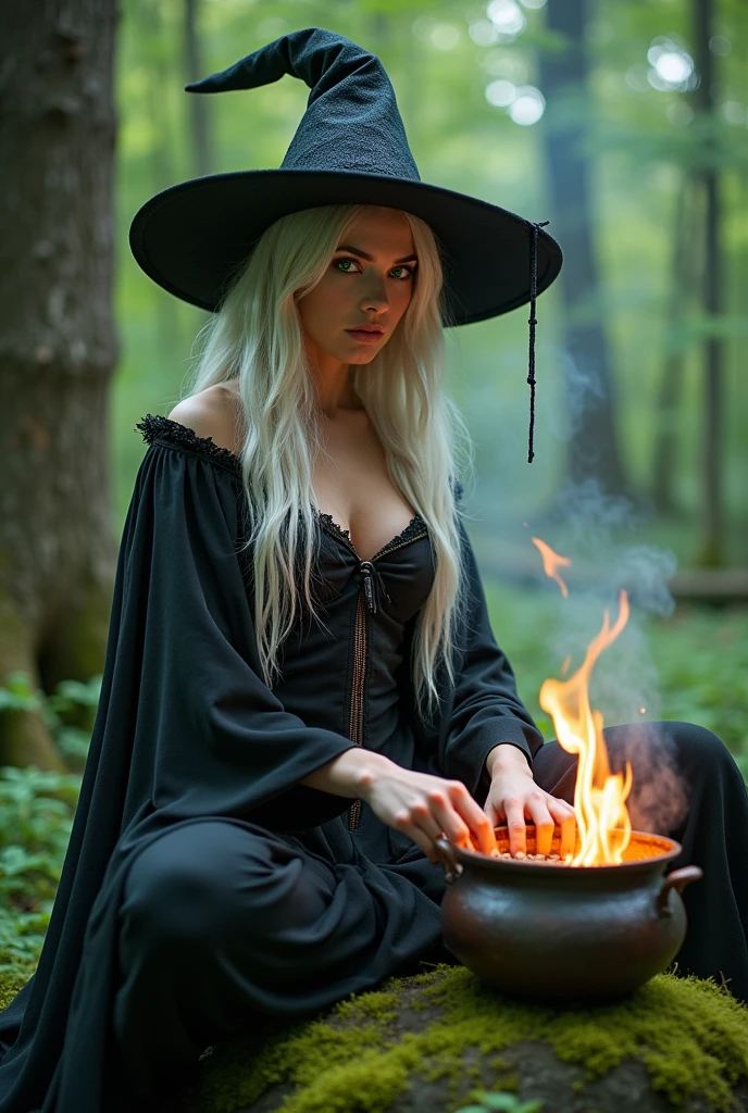 beautiful evil slavic muscular woman, pale skin, long hair, futuristic design, minimal details, photoreal, 200mm, hd, f/ 2.0, highly detailed, surreal, sitting, light smile, masterpiece，(Best Quality,4K,8K,hight resolution,masutepiece:1.2) ,Passion for rituals, ((Film grain, Bokeh, light Particle ,Dust, Extreme camera angles)),(Highly detailed 8K wallpapers), Full-length painting, Forest glades, A beautiful witch brews a potion in a cauldron on the fire, Focus your gaze on a beautiful face, Stir the kvass, Flames give glare to the body and face, witch's hat, Green eyes，varied actions, cinematic, professional, 4k, (((dynamic model pose))), sitting, full body, mesmerizing, dynamic, dramatic, sensual, dynamic pose, highly detailed skin with hair, subcutaneous veins, light and shadow play, highly detailed,24mm photograph, film, bokeh, professional, 4k,