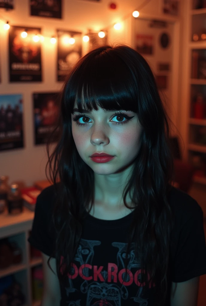 A girl with bangs and emo makeup, the image quality is from a bad camera on a regular phone. 