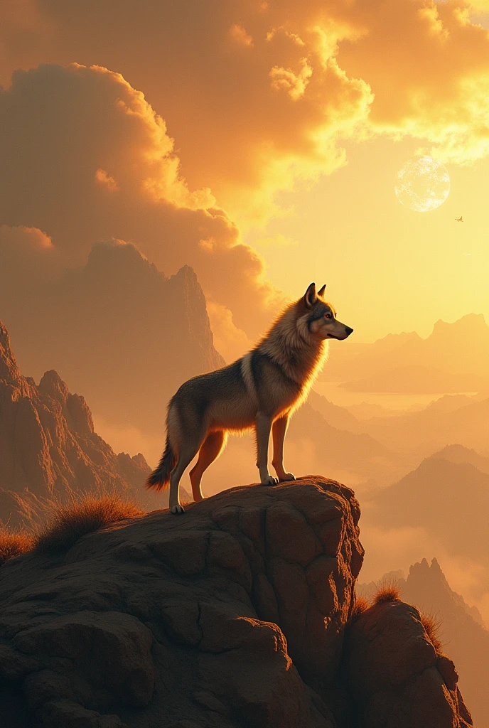 A lone wolf, a guardian deity of the ancient tribes, Standing on a rocky plateau,Overlooking vast rugged terrain. the wolf's fur glows with an ethereal hue, embodying the spirit of the land. the earth bathed in warm, the brown toned lighting adds a sense of nostalgia and awe. the style of the painting is influenced by Native American art and symbolism. the image should be a digital illustration that combines the presence of the wolf with spiritual elements. use a wide-angle camera lens to capture the majestic landscape and the wolf's imposing stance. the lighting should emphasize the meaning of the scene, establish a connection between the wolf and the land it guards.