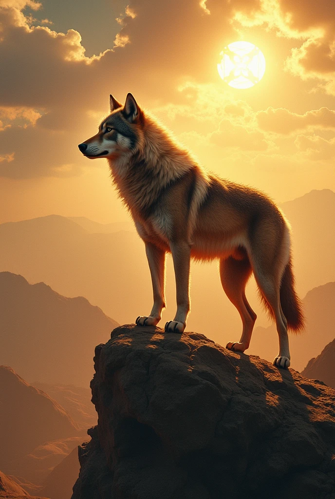 A lone wolf, a guardian deity of the ancient tribes, Standing on a rocky plateau,Overlooking vast rugged terrain. the wolf's fur glows with an ethereal hue, embodying the spirit of the land. the earth bathed in warm, the brown toned lighting adds a sense of nostalgia and awe. the style of the painting is influenced by Native American art and symbolism. the image should be a digital illustration that combines the presence of the wolf with spiritual elements. use a wide-angle camera lens to capture the majestic landscape and the wolf's imposing stance. the lighting should emphasize the meaning of the scene, establish a connection between the wolf and the land it guards.