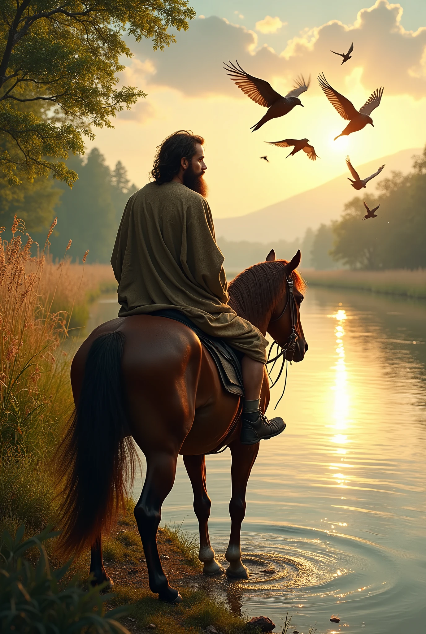 Young hermit man riding a horse near a large river is watching the birds 