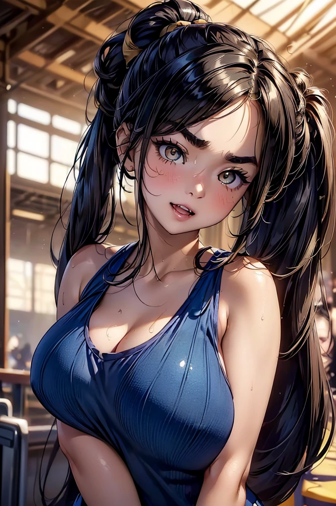 Browsing Caution, {Highest quality}, {so beautiful}, {Very detailedな}, {Best illustrations},,​(Highest quality, 8k, masterpiece:1.3,beautiful girl), (Very detailed)Glowing Skin,(((Long Hair,ponytail,Blue Ribbon,Beautiful Hair))),(Perfect Anatomy, Anatomically cまたはrect, Very detailed肌),((Golden Eyes,Droopy eyes,Narrow eyes,rather thick eyebrows:1.2)),((Perfect Fingers,Five Fingers)), Mole under the eye,Double teeth,Big Breasts,Big Ass,high school girl,Very smiling,((Track and field uniforms:1.2,)),((Athletics Stadium)),(((Natural Makeup))),Sweating all over the body, Blowjob