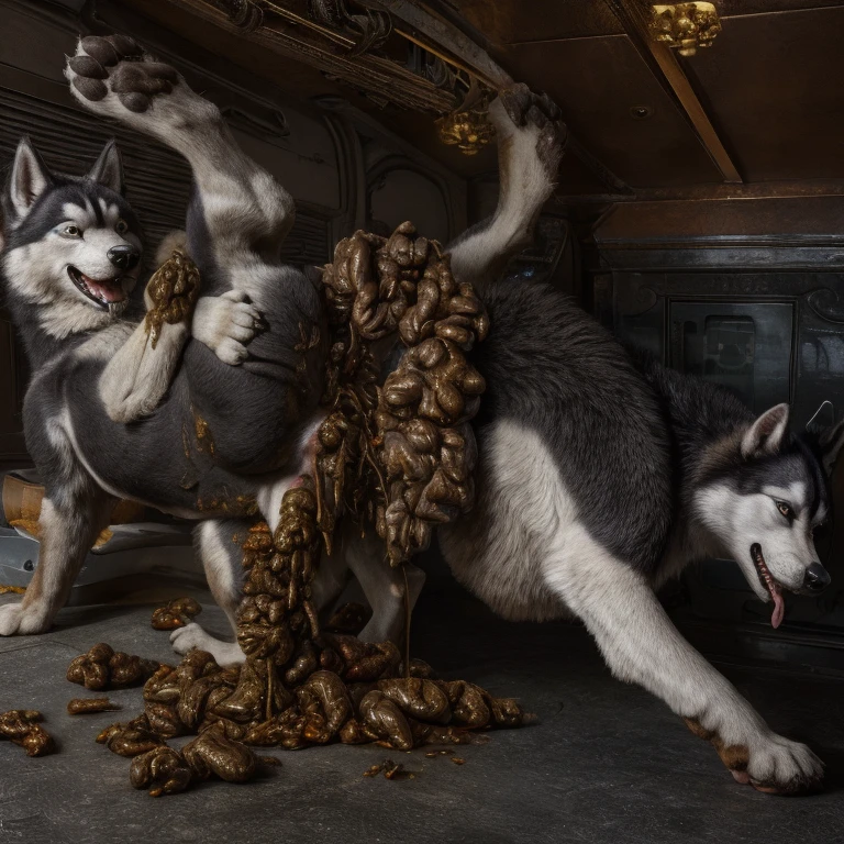 A hyper realistic, ultra detailed image of a husky, fat, (((((feral, husky rimming feces, paws))))), thick thighs, duo, shaded, intricate, realistic, detailed background, (saliva:0.8), panting, drooling, saliva, aroused, ass up, on a klingon star ship, freighter. ((((belly on back, standing raised leg up, duo, hyper balls, feral, excessive anal scat, spreading legs, excessive hyper anal feces, husky anal feces rimming))))