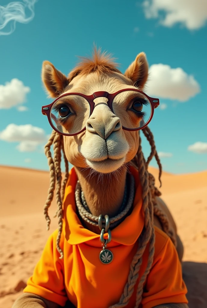 Create an image of a camel wearing glasses, orange shirt with a collar, dreadlocks and smoking marijuana