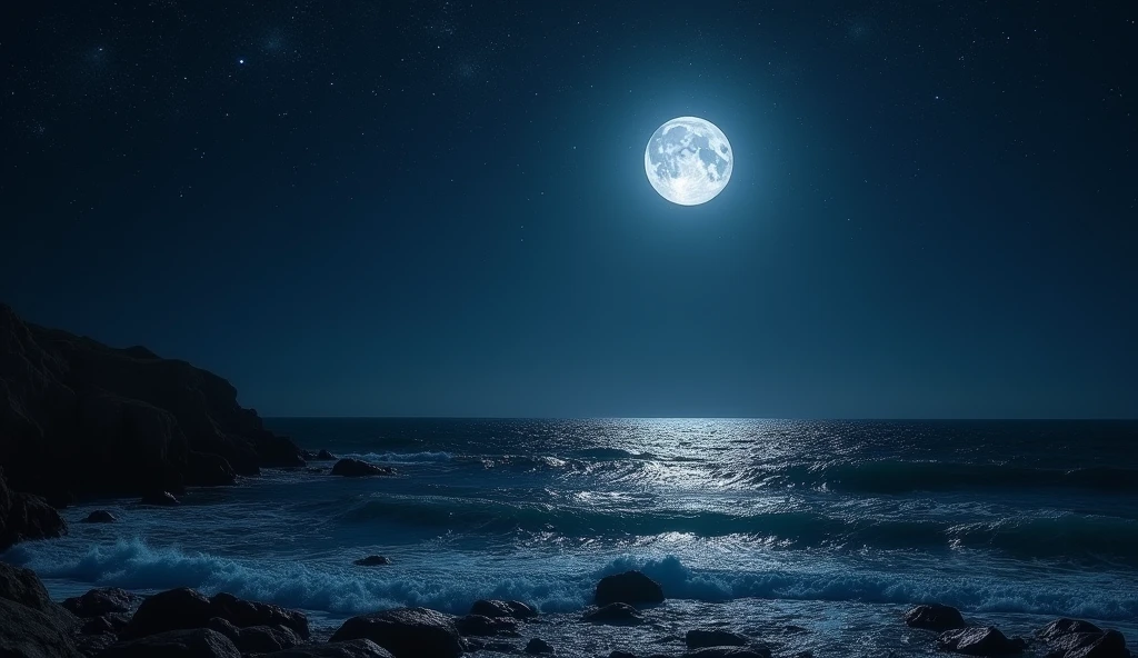 Pitch Black Night、Starry Sky、Giant Full Moon、Ocean、masterpiece、Highest quality、Realistic、photograph、8k、