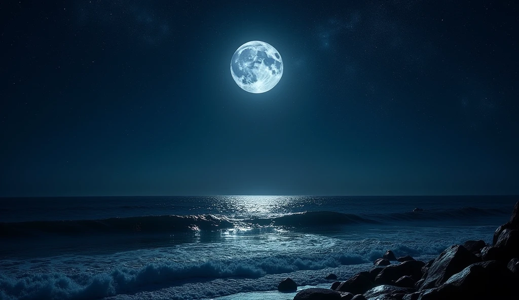 Pitch Black Night、Starry Sky、Giant Full Moon、Ocean、masterpiece、Highest quality、Realistic、photograph、8k、