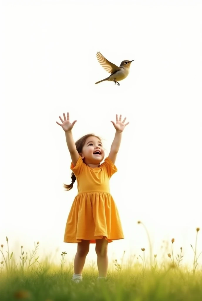 white background,a cute  stand on grass,looking at the liitle bird,rais her hands to the bird,liitle bird flying 