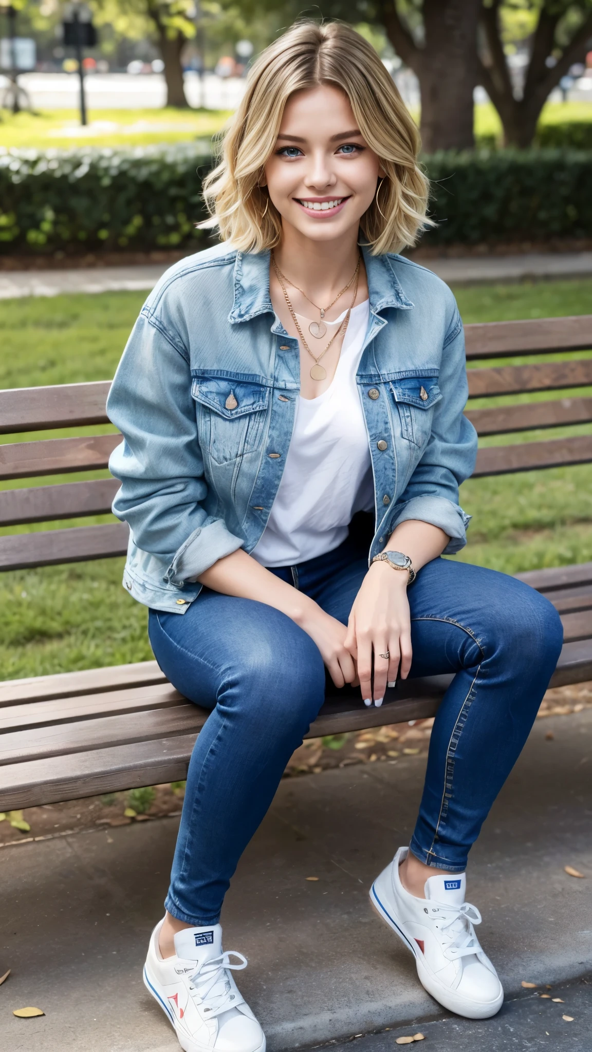 Super Resolution、Clear French woman、Full body photo、sitting on a park bench、Blonde Hair、Blue eyes、Wavy Hair、Short Haircut、Ear piercing、、necklace、Denim jacket、shirt、Skinny jeans、sneakers、I'm wearing black socks.、smile、Beautiful teeth alignment
