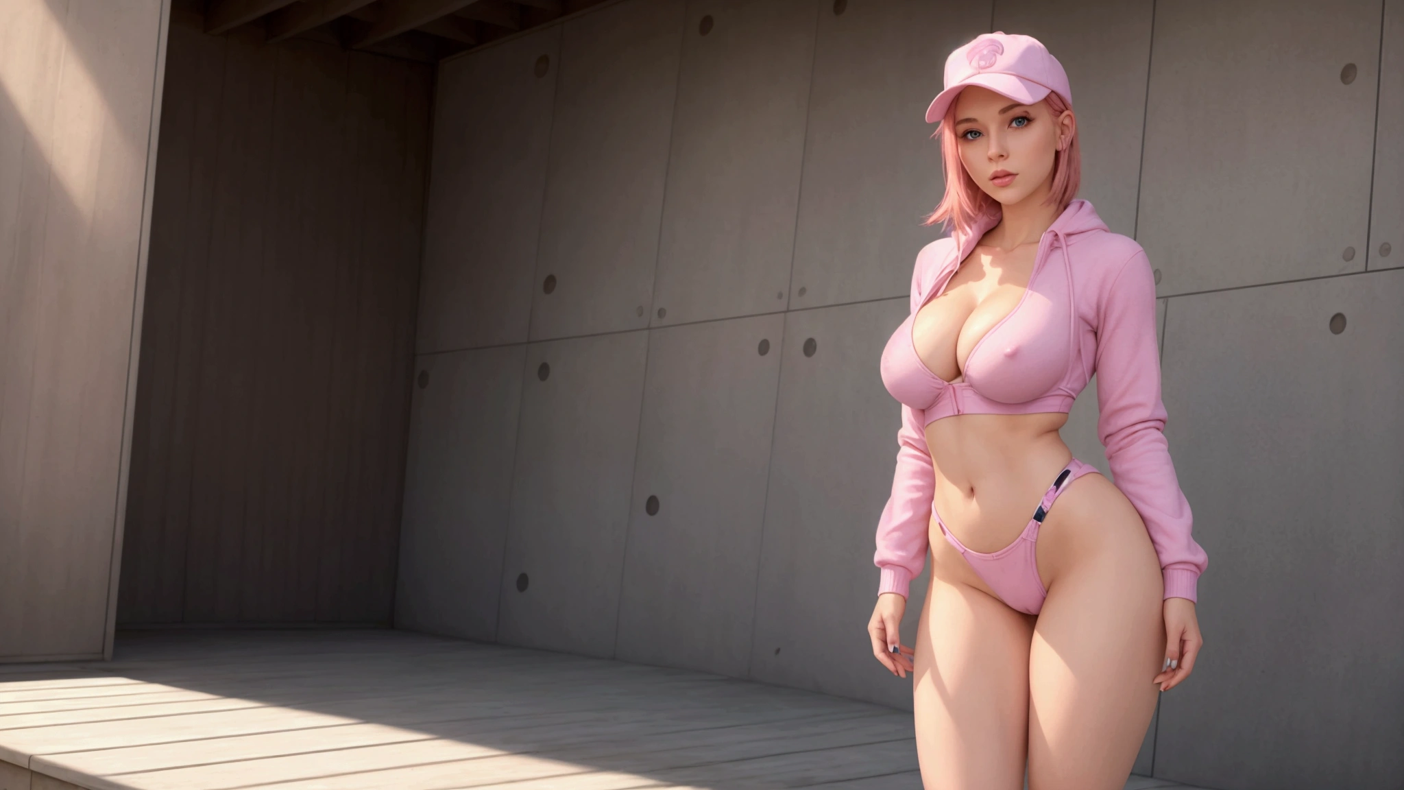 (Highly realistic and perfect image, high resolution, pure perfect realism), A single, perfectly beautiful young woman with medium-sized, well-rounded breasts., pink hair, Bright blue eyes, shapely legs, wearing Playboy clothing, The vaginal lips are noticeable in the clothes., alone in the picture, full body view, with clothes, without hat, body wet and shiny, standing backwards, olhando para traz