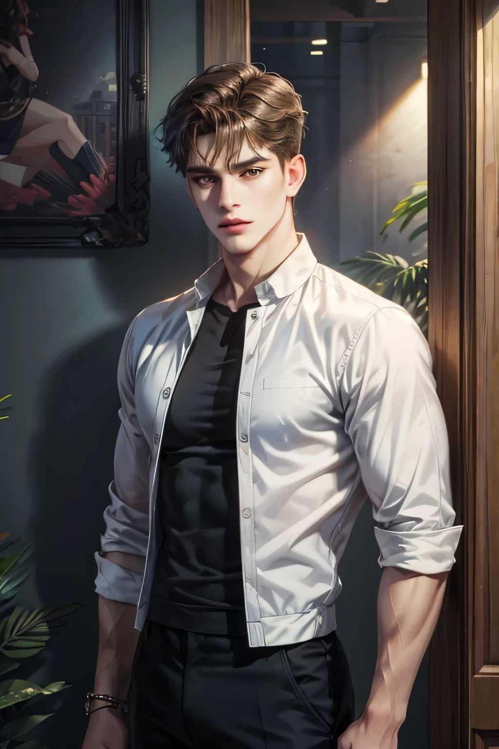 masterpiece, best quality, 1man, adult, male focus, solo, short hair, casual outfit, fashion show attire, extremely detailed resort background from the Philippines 