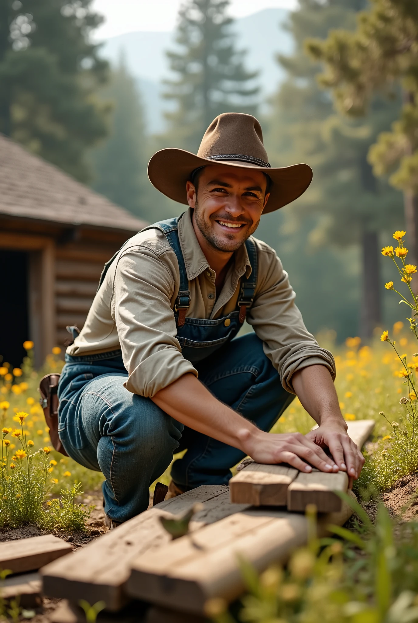 Young man building his wooden house in nature, he is happy because he prefers to live alone, he is wearing a cowboy hat.