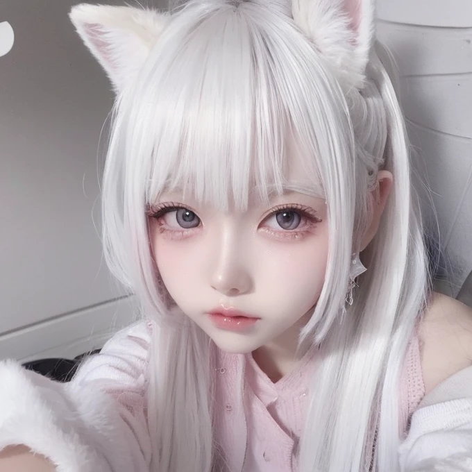 silver light hair,It has white fox ears and a fox tail,pupil,Wear pink and white