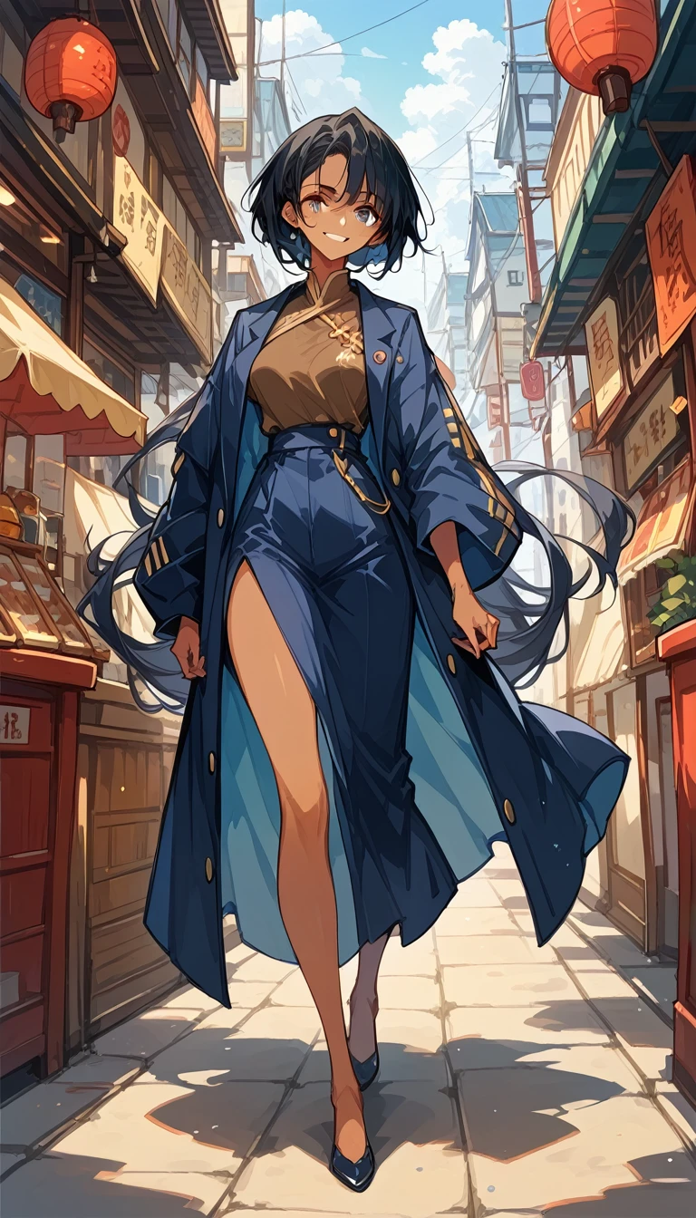 Woman wearing Ao Dai, Navy blue ao dai, solo, Long black hair, Brown Skin, ASİAN, smiling, medium breasts, ASİAN Markets, full body,