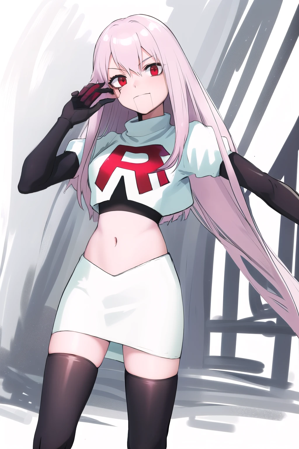 Masterpiece, Detailed, High quality, (absurdist), High Sharpness, High resolution, maiddoll, 1girls, Solo, team rocket,team rocket uniform,white skirt,red letter R,crop top,black thigh-highs,black elbow gloves