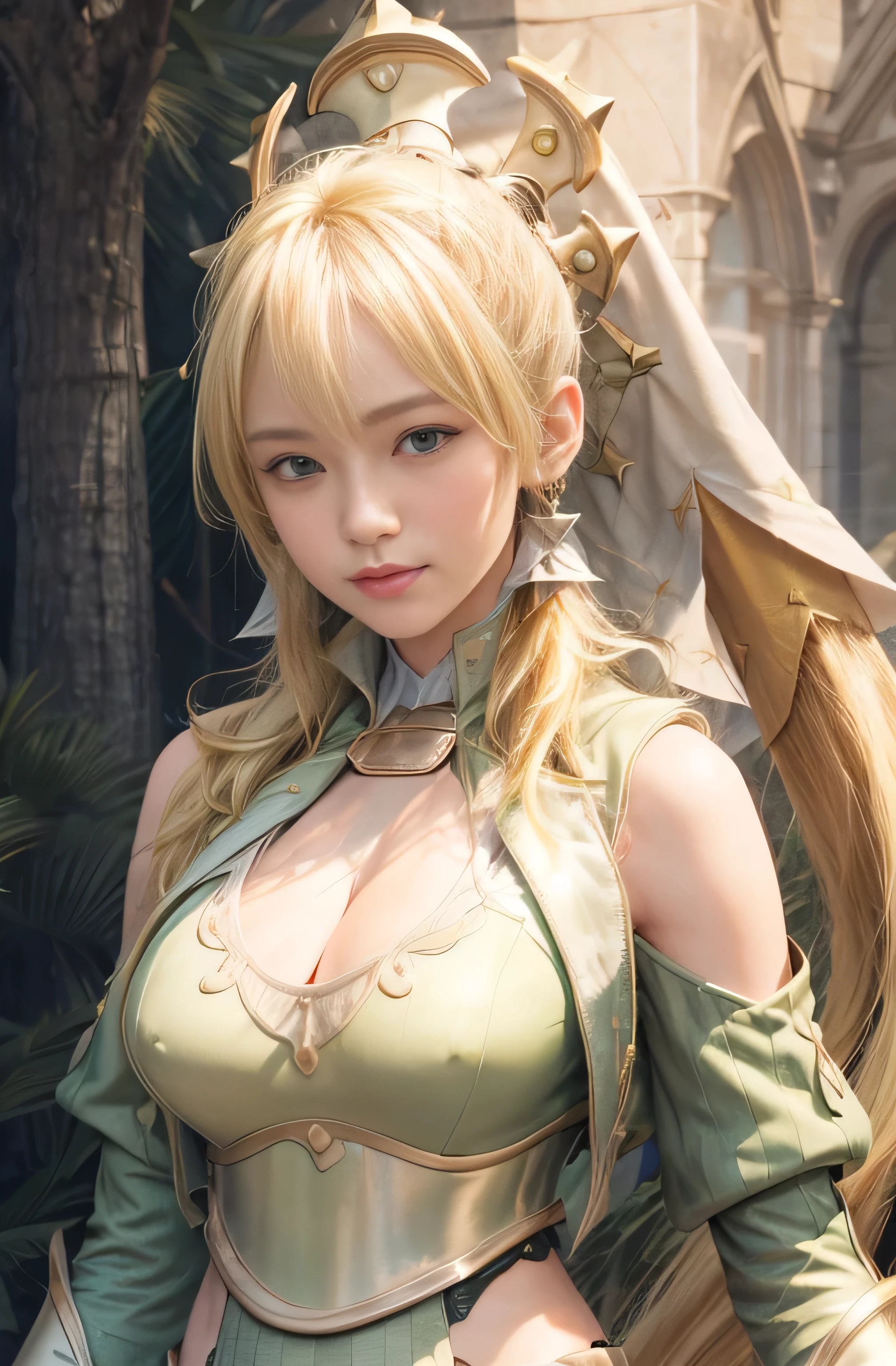 masterpiece, best quality, (realistic,photo-realistic:1.4), (RAW photo:1.2), extremely detailed CG unity 8k wallpaper, delicate and beautiful, amazing, finely detail,official art, absurdres, incredibly absurdres, huge filesize, ultra-detailed, extremely detailed, extremely detailkcaled girl,extremely detailed eyes and face, light on face,little smiles,(long hair:1.3),(blonde hair:1.3)(nature background:1.4),(wearing armor:1.4),(green dress:1.4),(hair ornament:1.4),ponytail,sidelocks