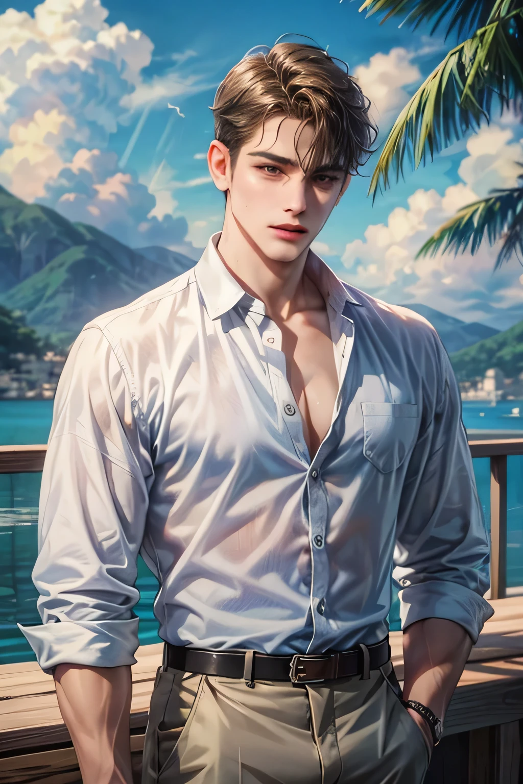 masterpiece, best quality, 1man, adult, male focus, solo, short hair, casual outfit, fashion show attire, extremely detailed resort background from the Philippines 