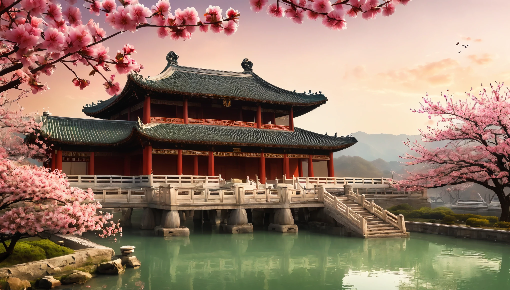 /I Tang Dynasty Buildings，Peach blossoms in full bloom，Chinese style fantasy，Light and shadow，High-resolution details，Ultra-high resolution，colorful，The shade is mottled，Peaceful and tranquil，Epic，Symmetrical composition，Natural light，Telephoto lens，Fine texture，Warm tones，Peaceful atmosphere，Magnificent。