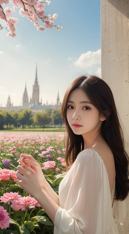 A building in the background in a field of flowers、Woman in a White Dress、Soft Light, Girl in the flower garden、Academic Art、Painting, Digital Art、beautiful、William Adolphe Bouguereau、sweet、Beautiful、anatomy、geometry