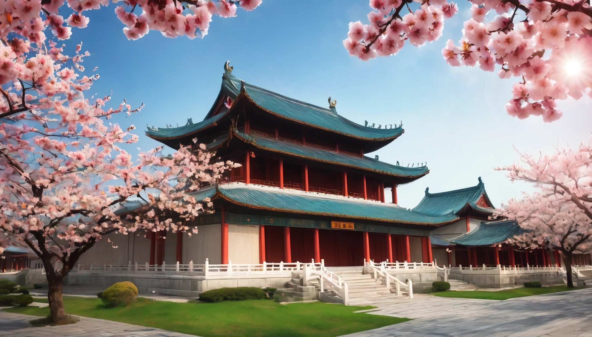 /I Tang Dynasty Buildings，Peach blossoms in full bloom，Chinese style fantasy，Light and shadow，High-resolution details，Ultra-high resolution，colorful，The shade is mottled，Peaceful and tranquil，Epic，Symmetrical composition，Natural light，Telephoto lens，Fine texture，Warm tones，Peaceful atmosphere，Magnificent。