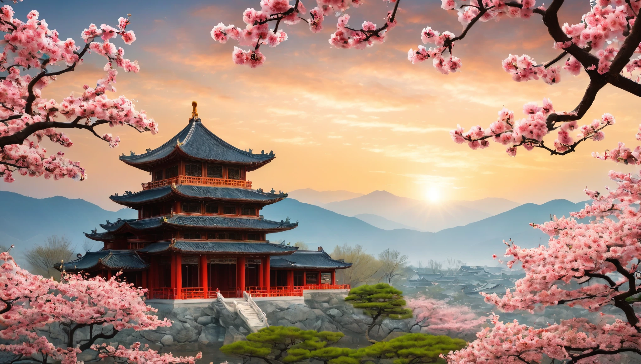 /I Tang Dynasty Buildings，Peach blossoms in full bloom，Chinese style fantasy，Light and shadow，High-resolution details，Ultra-high resolution，colorful，The shade is mottled，Peaceful and tranquil，Epic，Symmetrical composition，Natural light，Telephoto lens，Fine texture，Warm tones，Peaceful atmosphere，Magnificent。